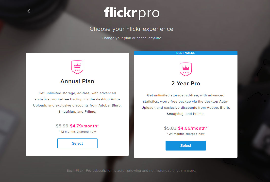 Flickr Pro 2年契約