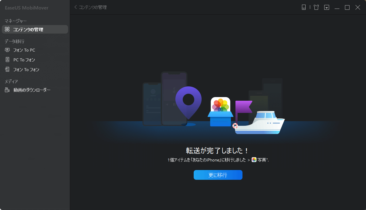 MoviMoverでPCの写真をiPhoneに移動完了画面